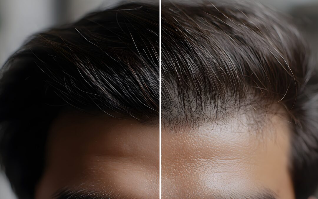Before and after close up of a man's hairline