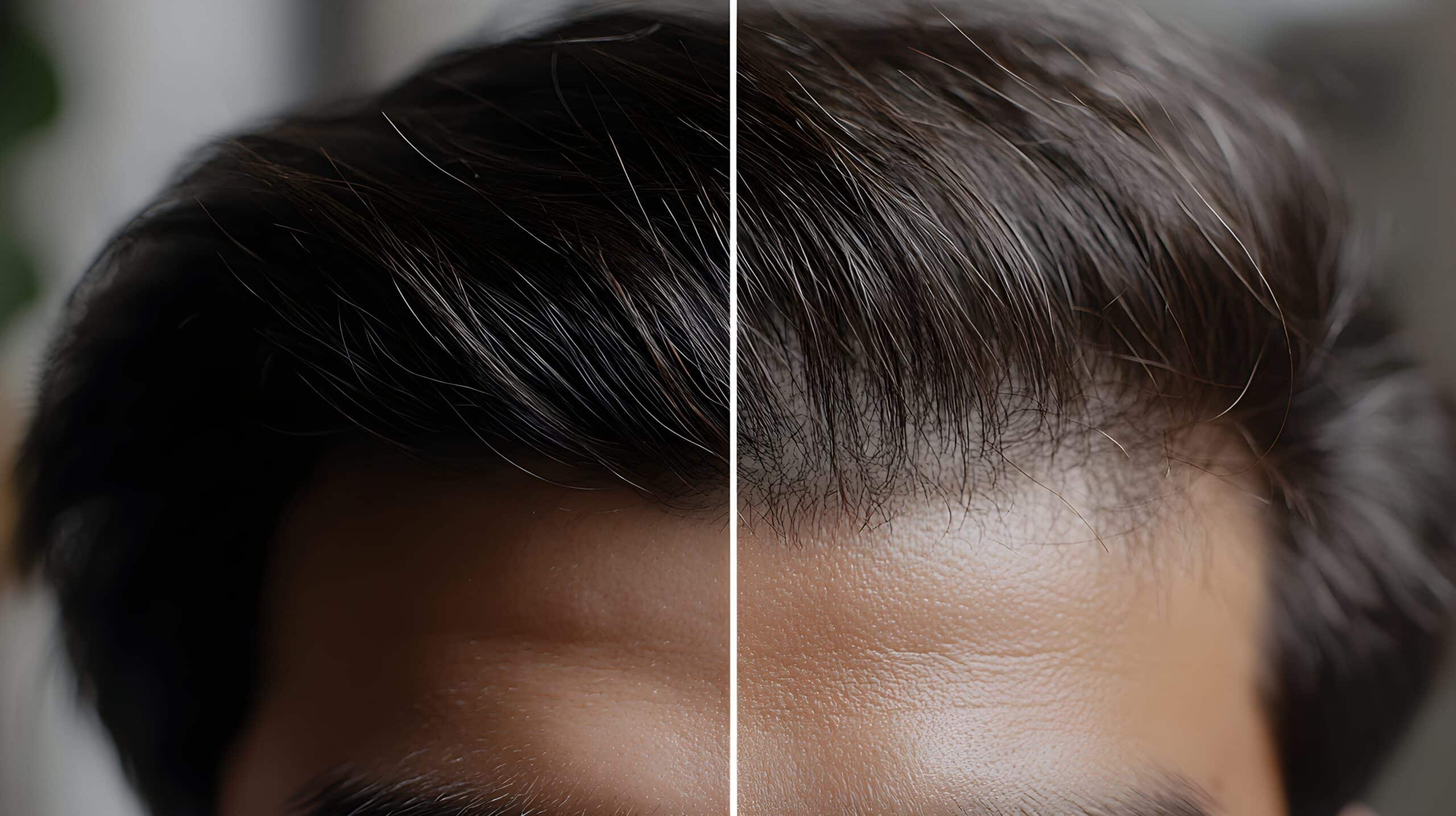 Before and after close up of a man's hairline