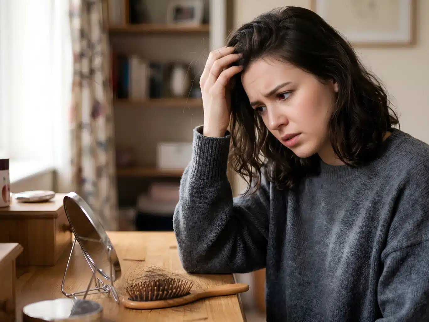 A woman examining her hair for signs of hair loss or thinning